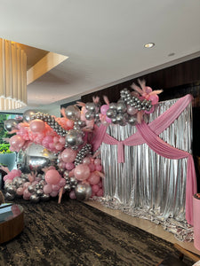 Backdrop w/ Sheer or Sequin Panels (includes Customized Balloon Garland & Draping)